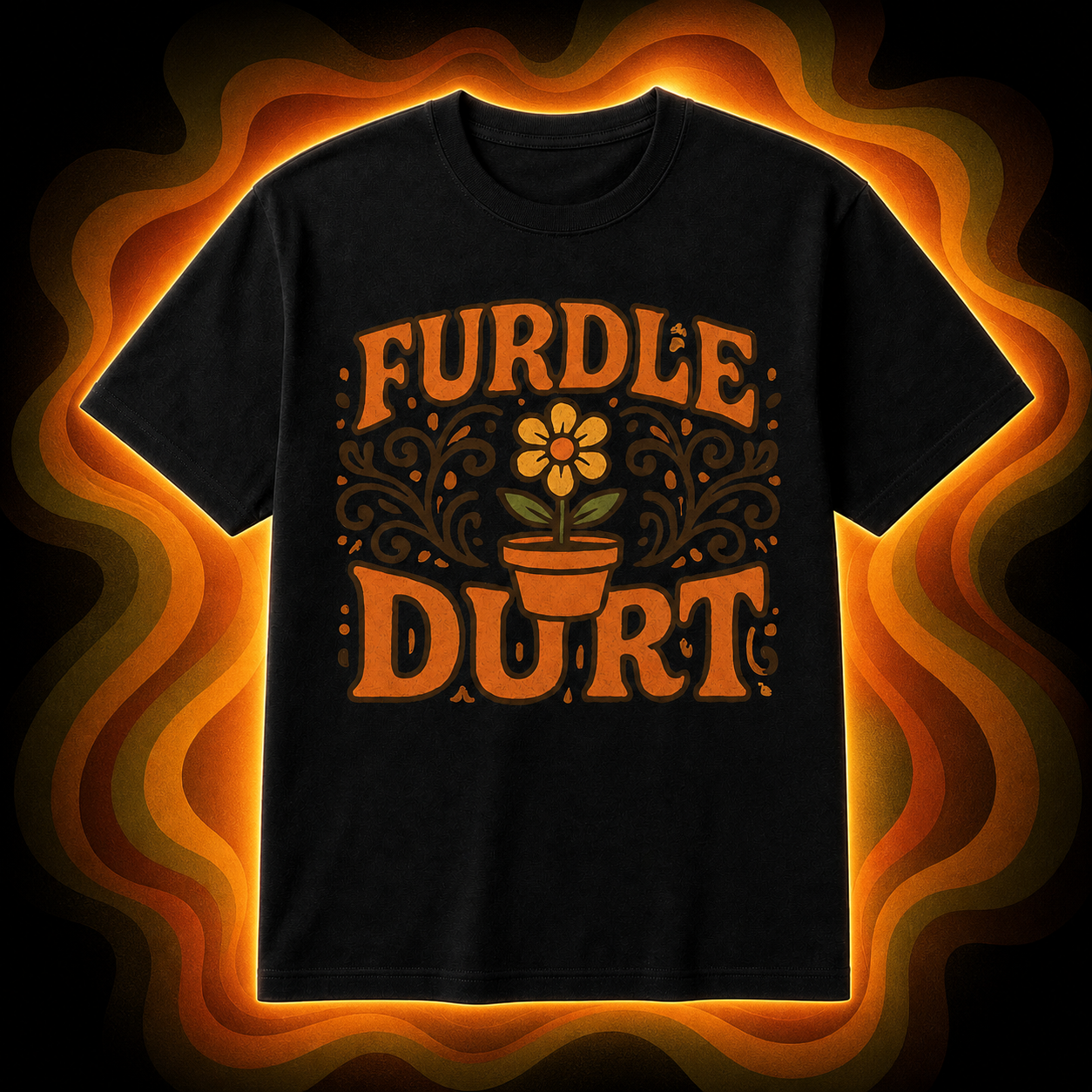 Black t-shirt with the Furdle Durt logo and groovy glow
